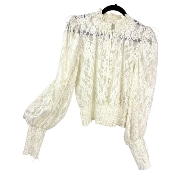 For Love & Lemons Large White Sheer Lace Top Long Sleeve Button Up Romantic - Picture 1 of 16